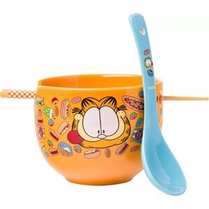 Garfield junk food noodle bowl with spoon and chopsticks. NEW. Ramen 20oz